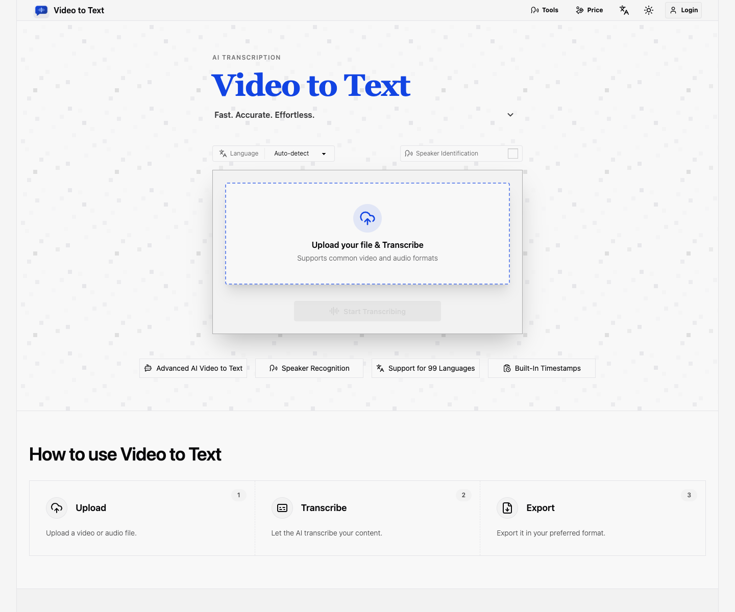 Video to Text landing page screenshot