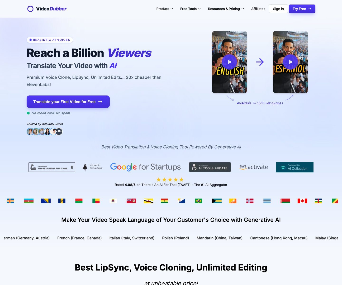 VideoDubber landing page screenshot
