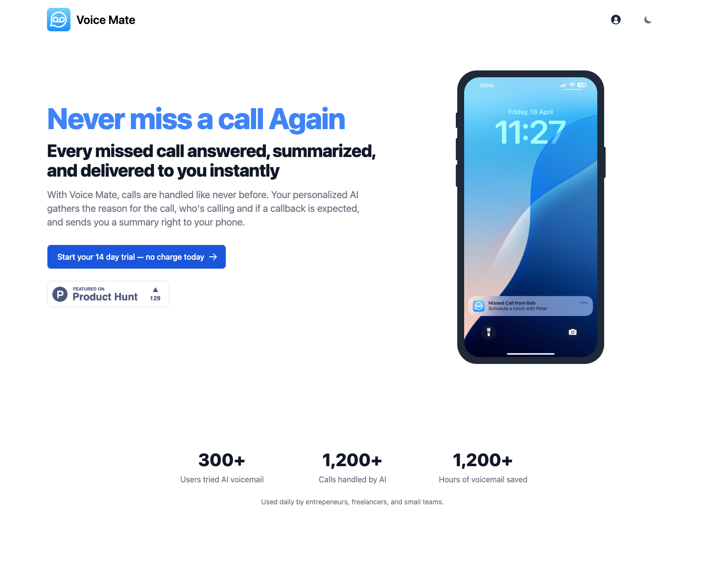Voice Mate - AI Powered Voicemail landing page screenshot