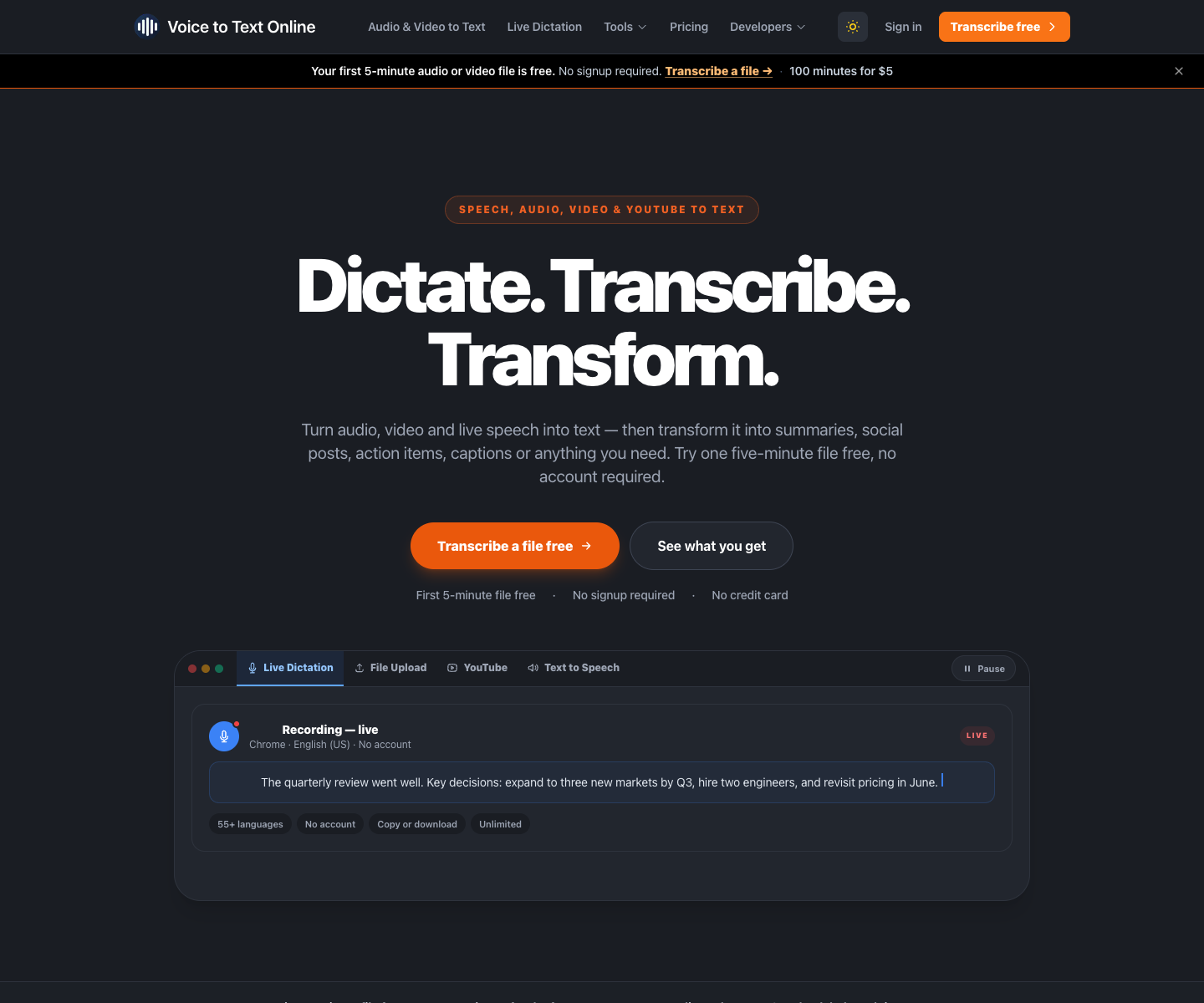 Voice to Text Online Free landing page screenshot
