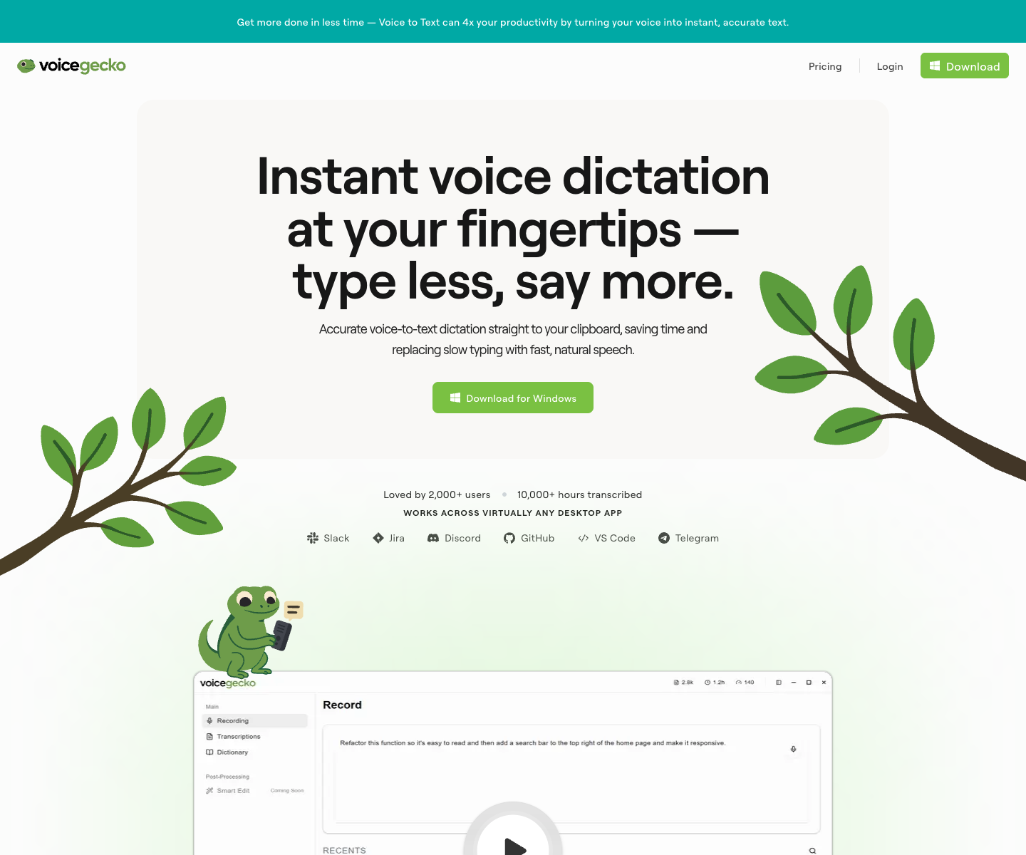 VoiceGecko landing page screenshot