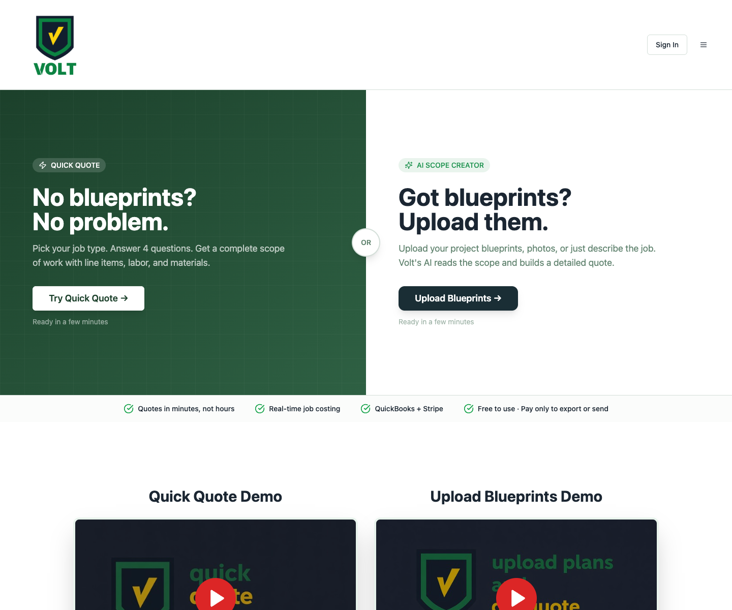 Volt Quotes landing page screenshot