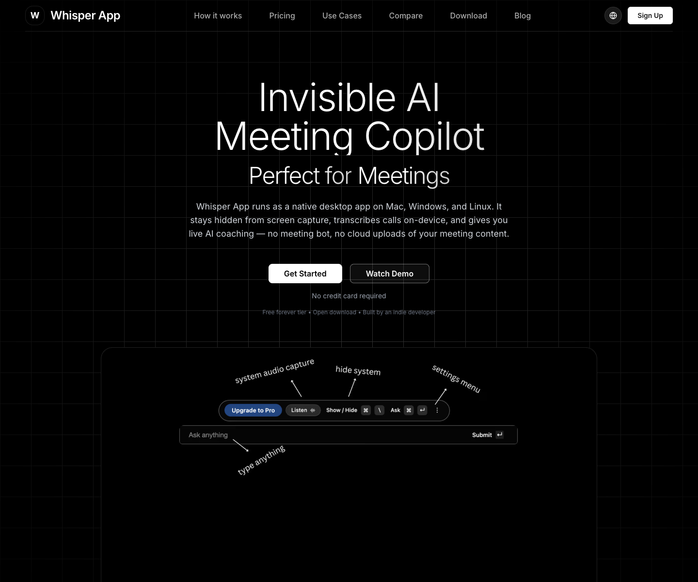 Whisper landing page screenshot