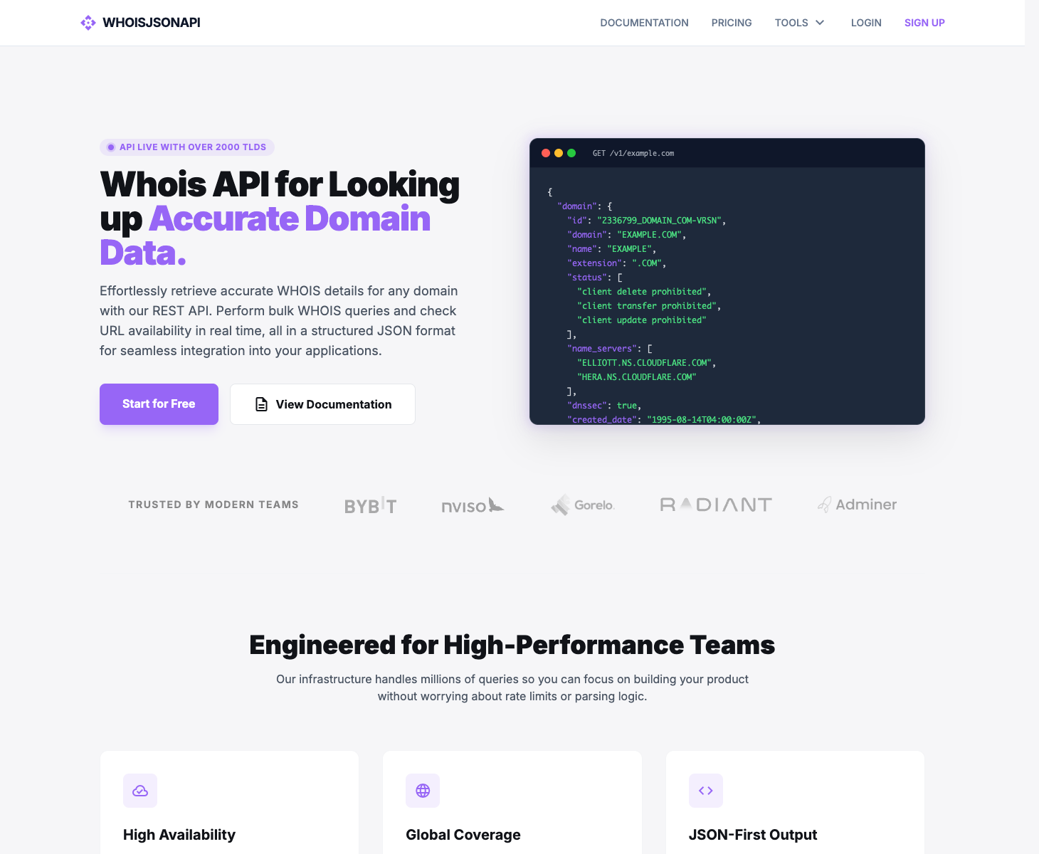 Whois JSON API landing page screenshot