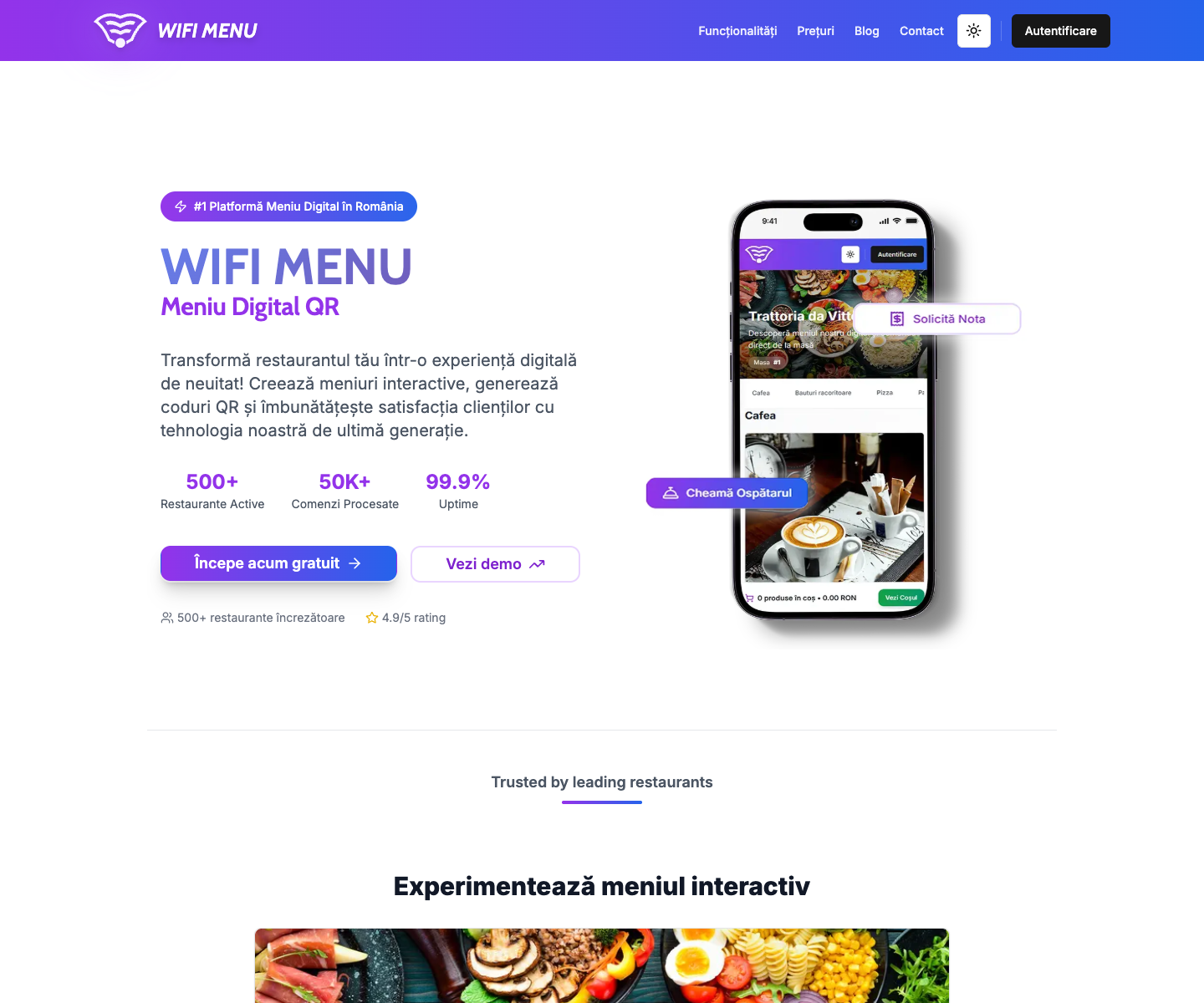 Wifi Menu landing page screenshot