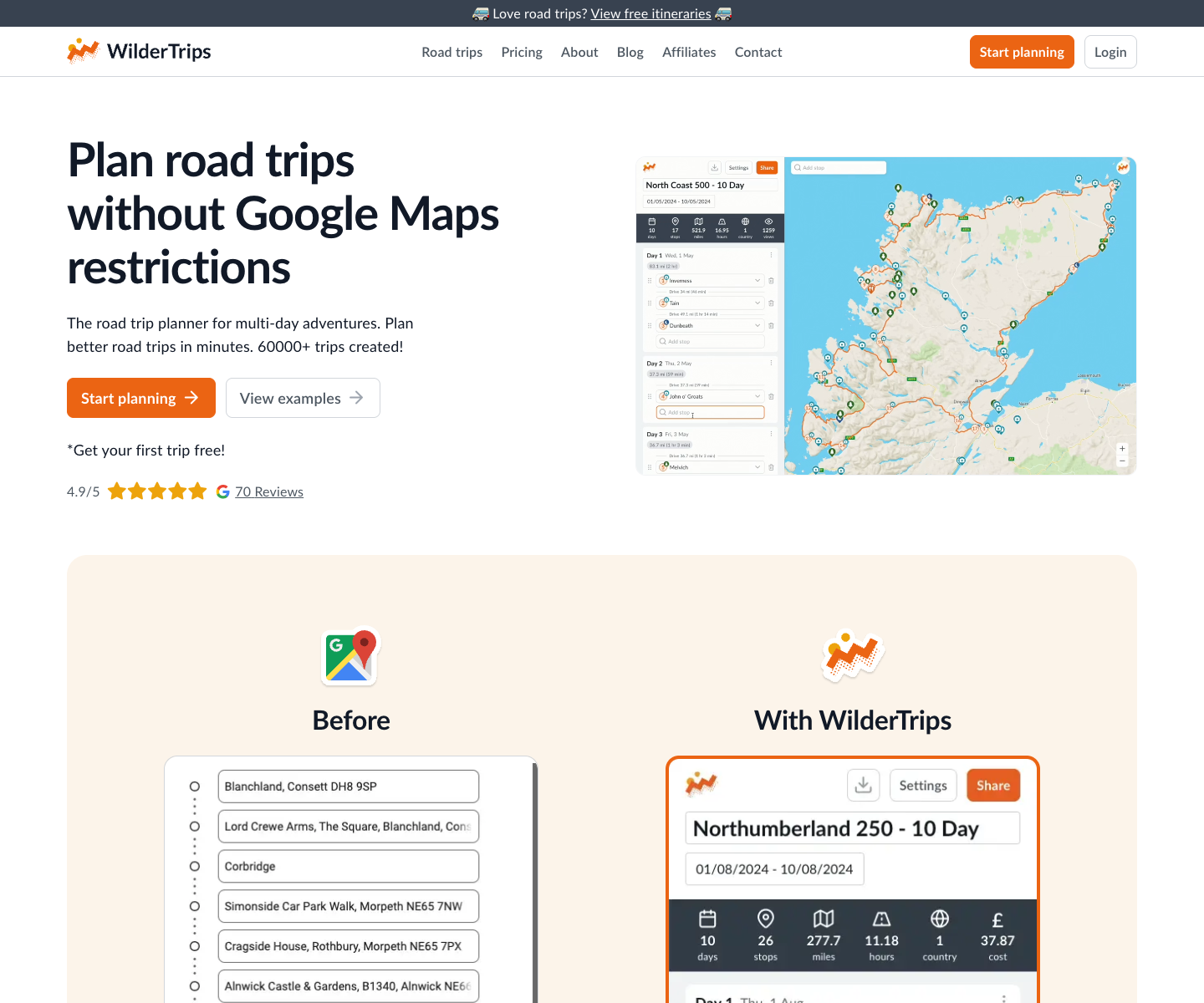 WilderTrips landing page screenshot