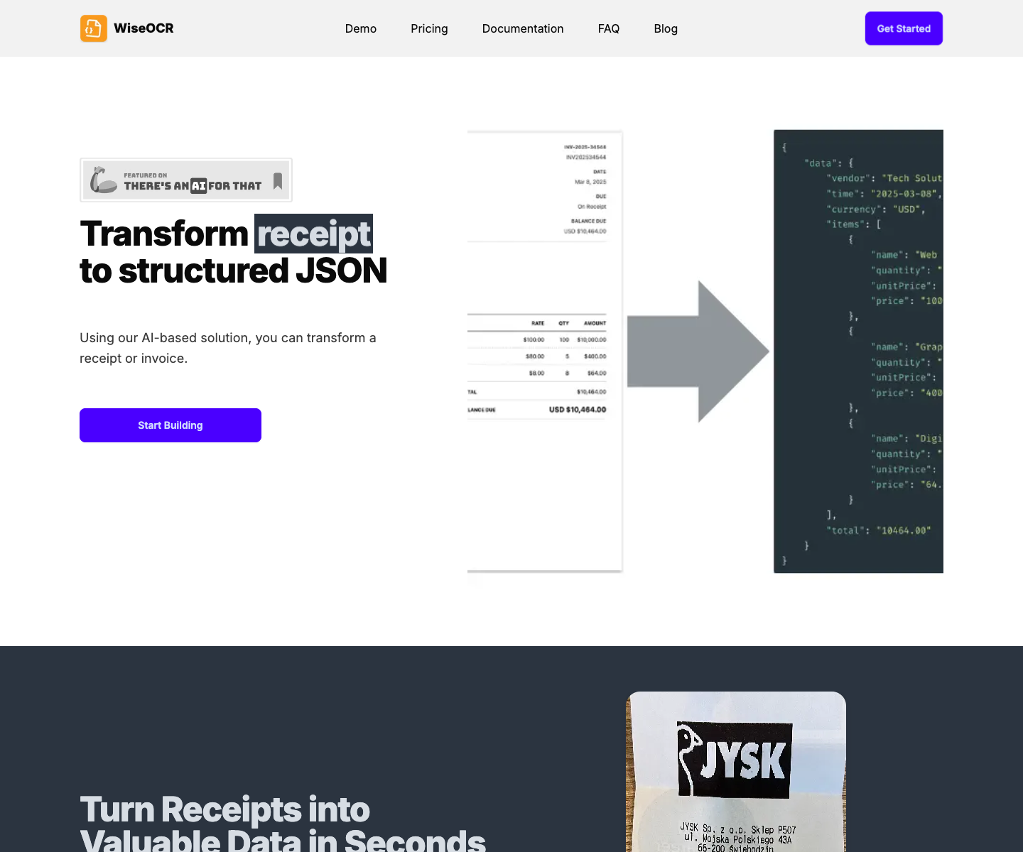 WiseOCR landing page screenshot