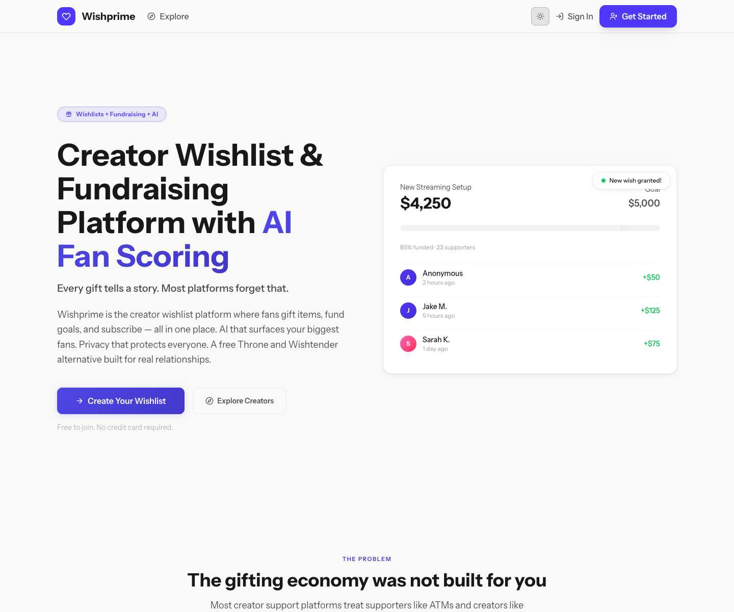 Wishprime landing page screenshot