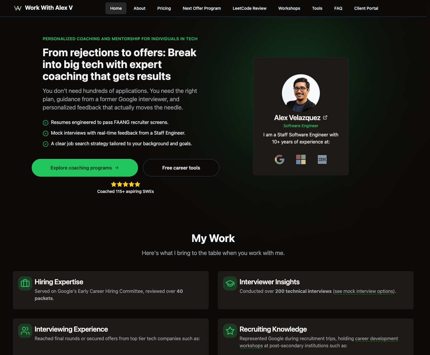 Work With Alex V landing page screenshot