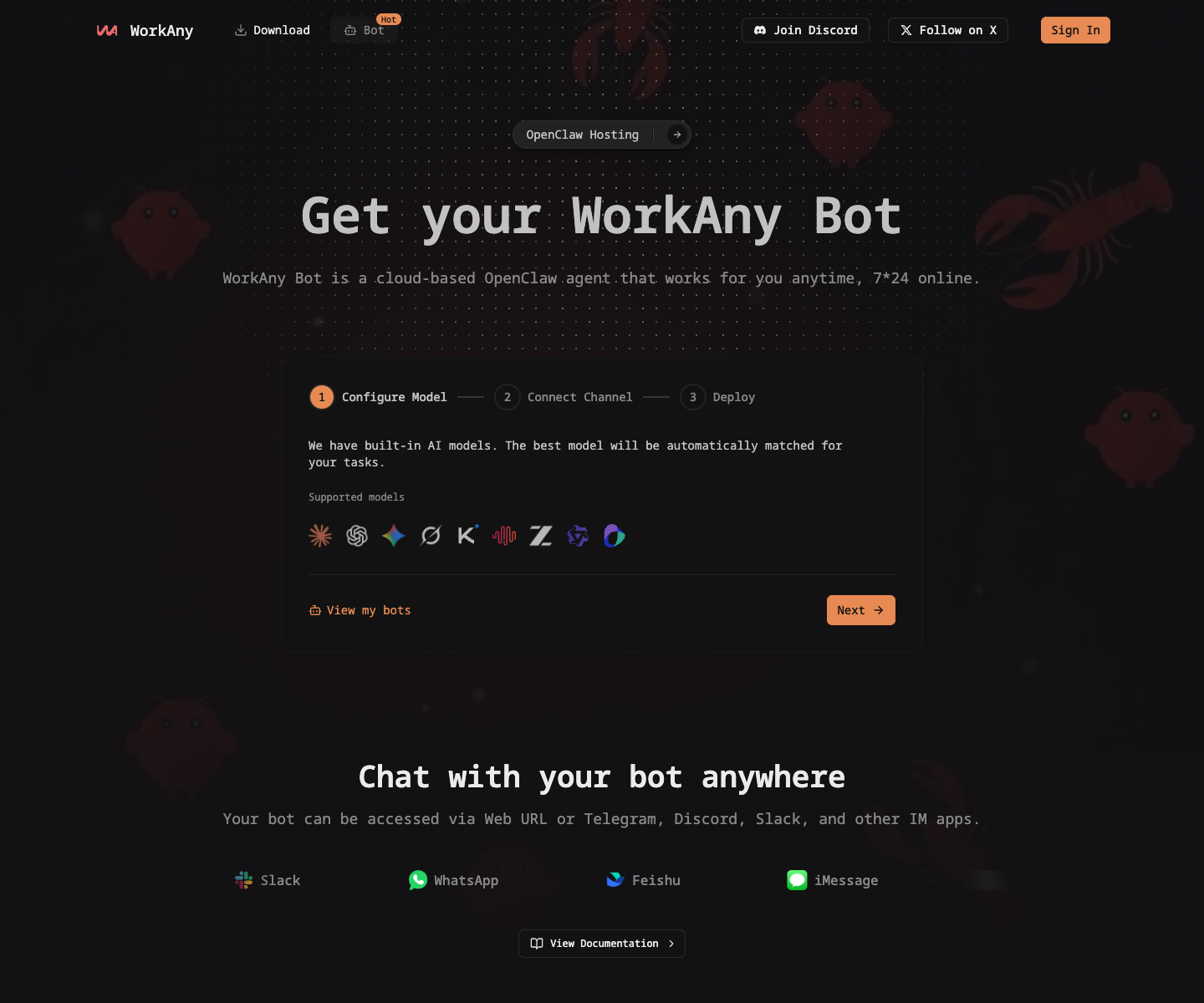 WorkAny Bot landing page screenshot