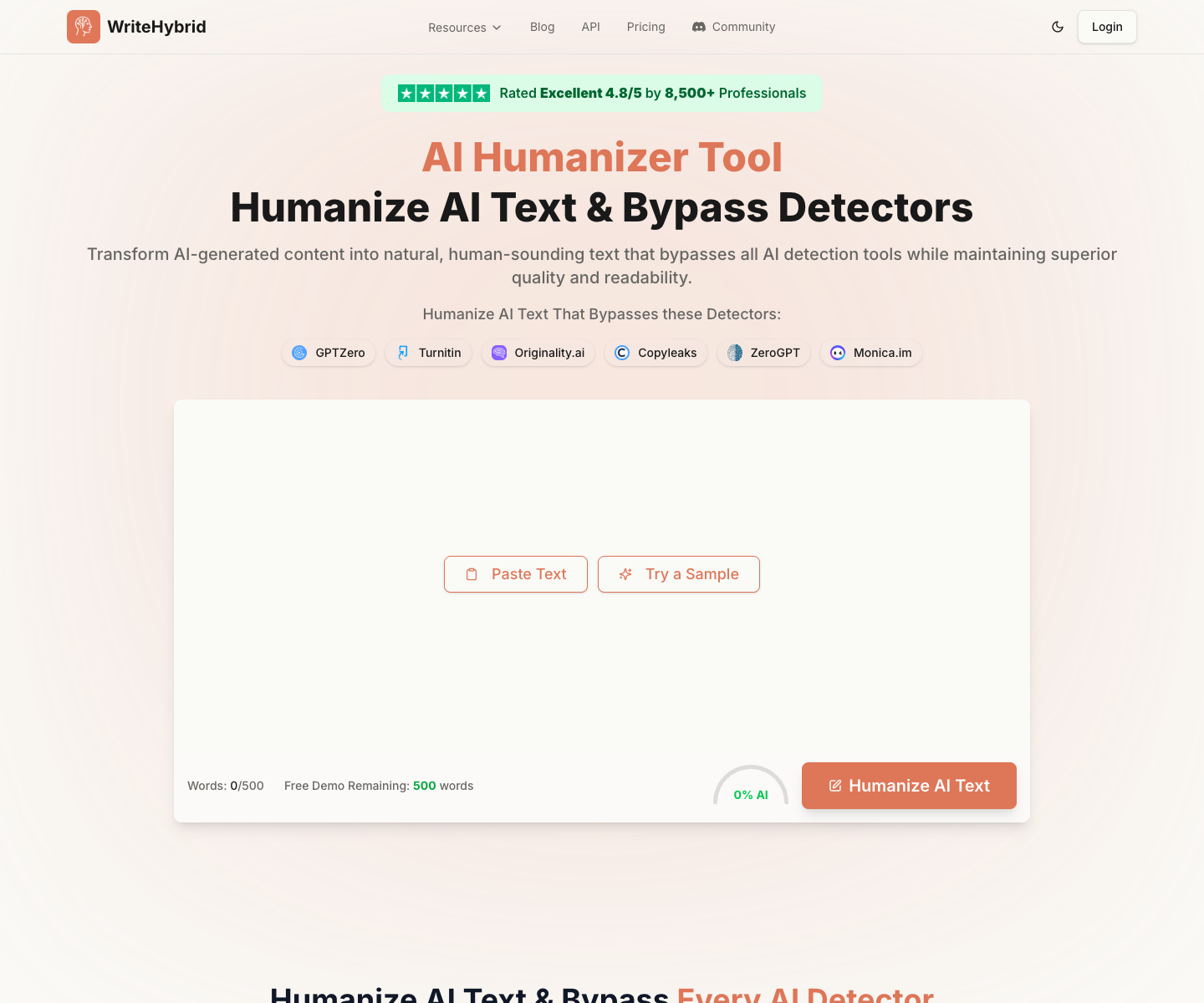 WriteHybrid landing page screenshot