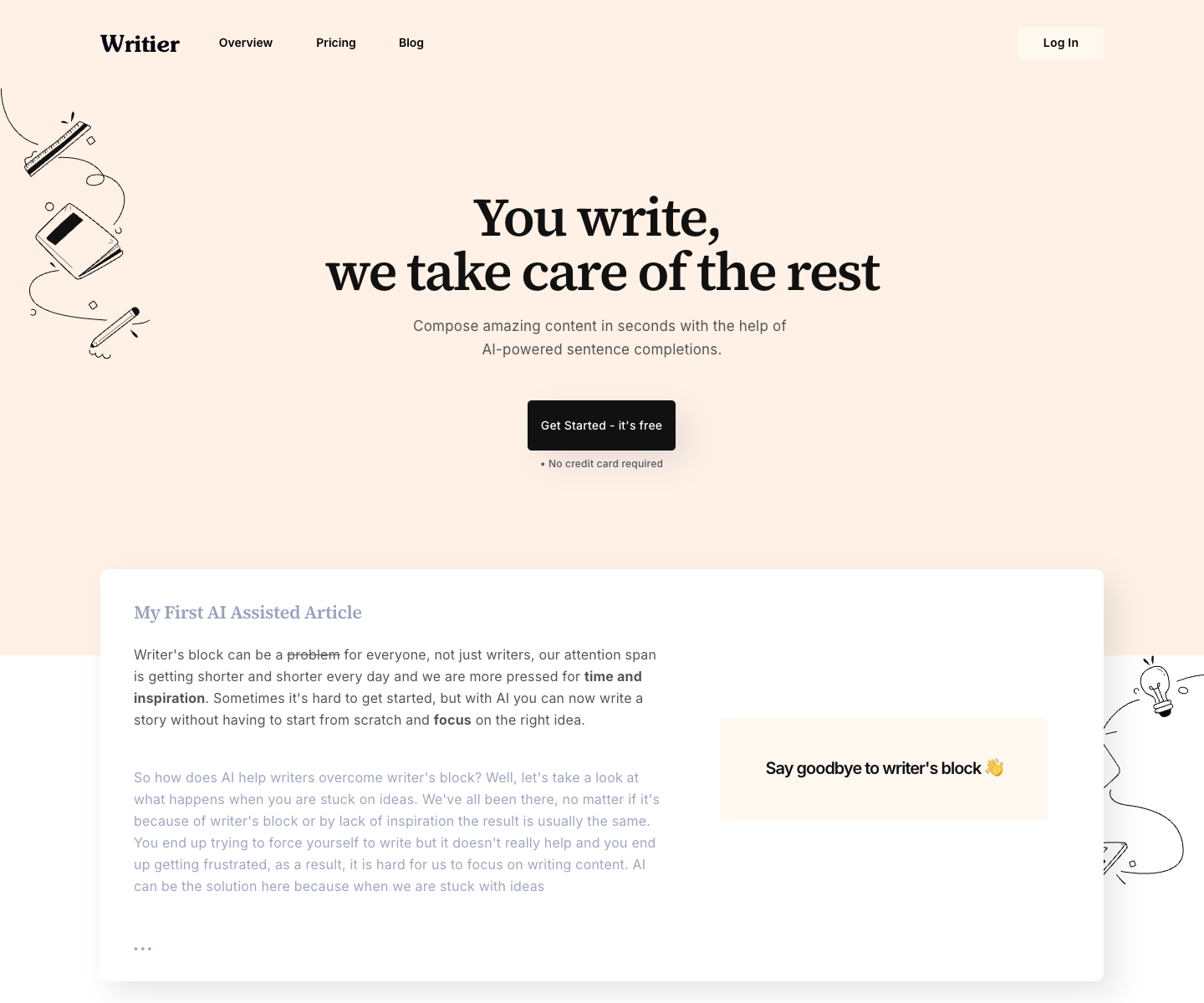 Writier landing page screenshot
