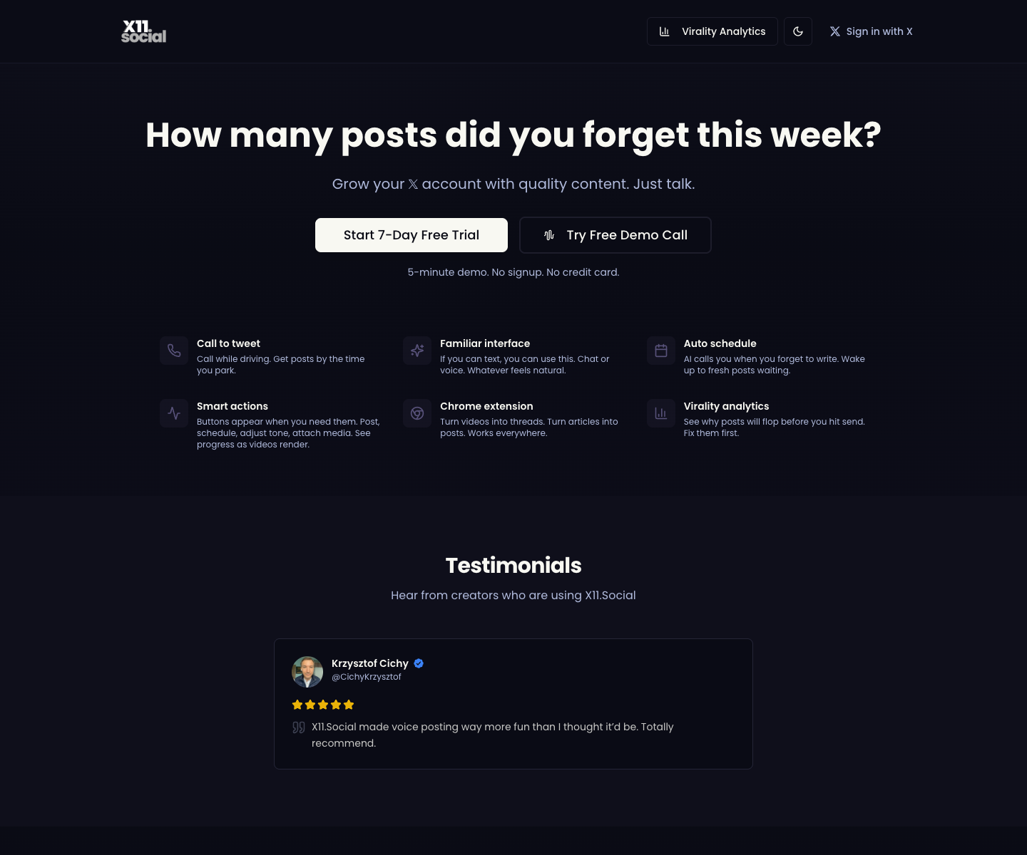 x11.social landing page screenshot