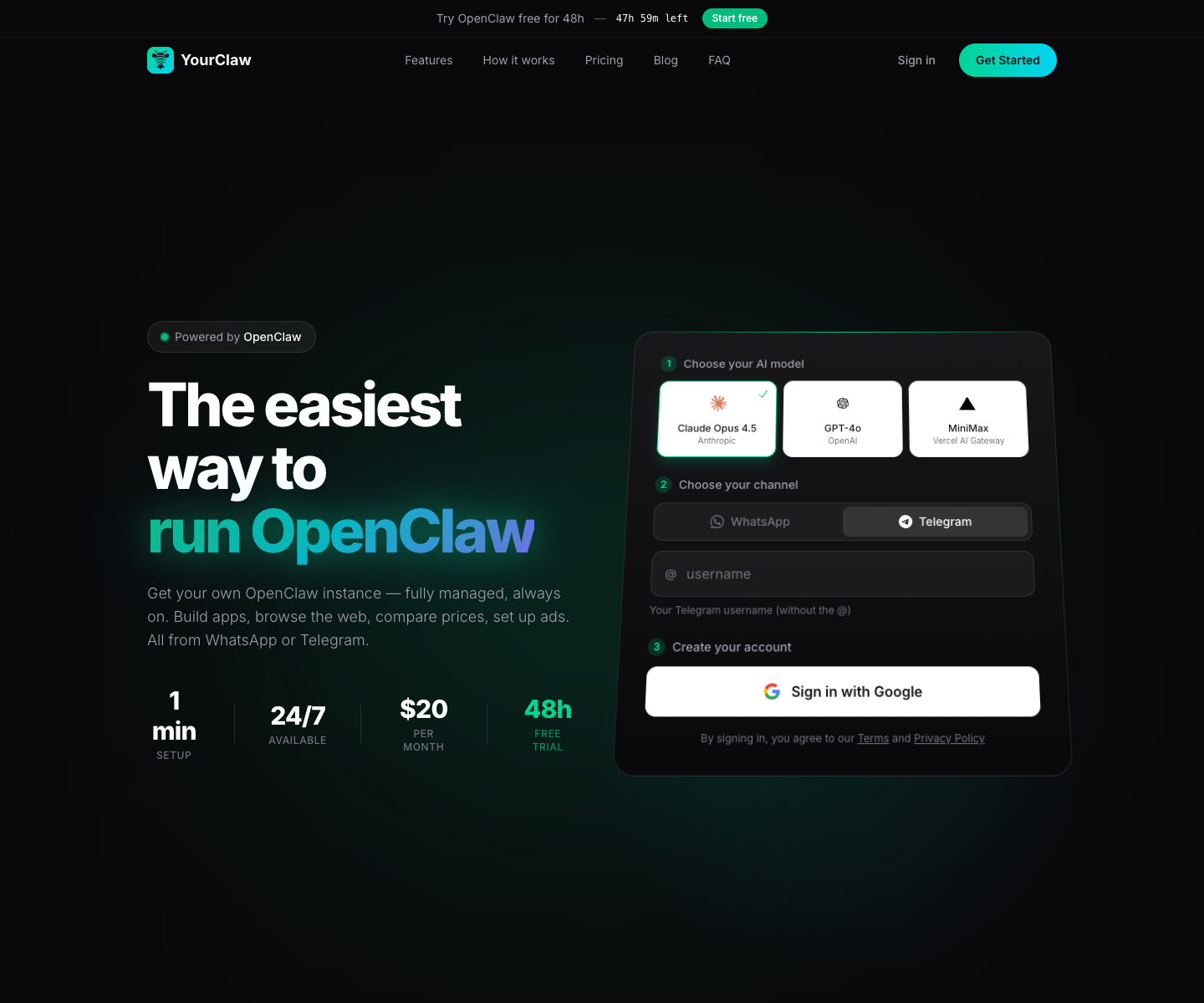 YourClaw landing page screenshot