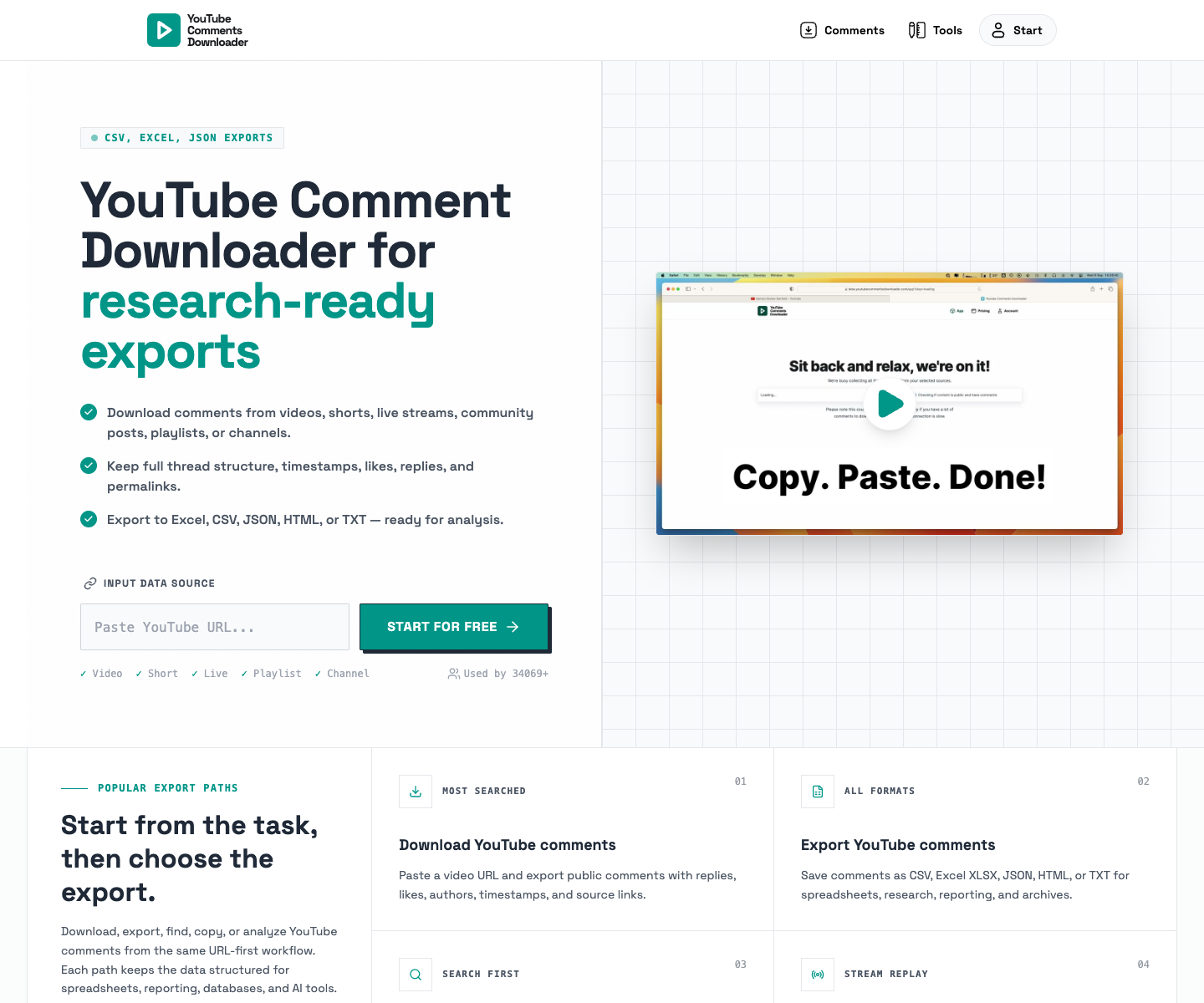 YouTube Comments Downloader landing page screenshot