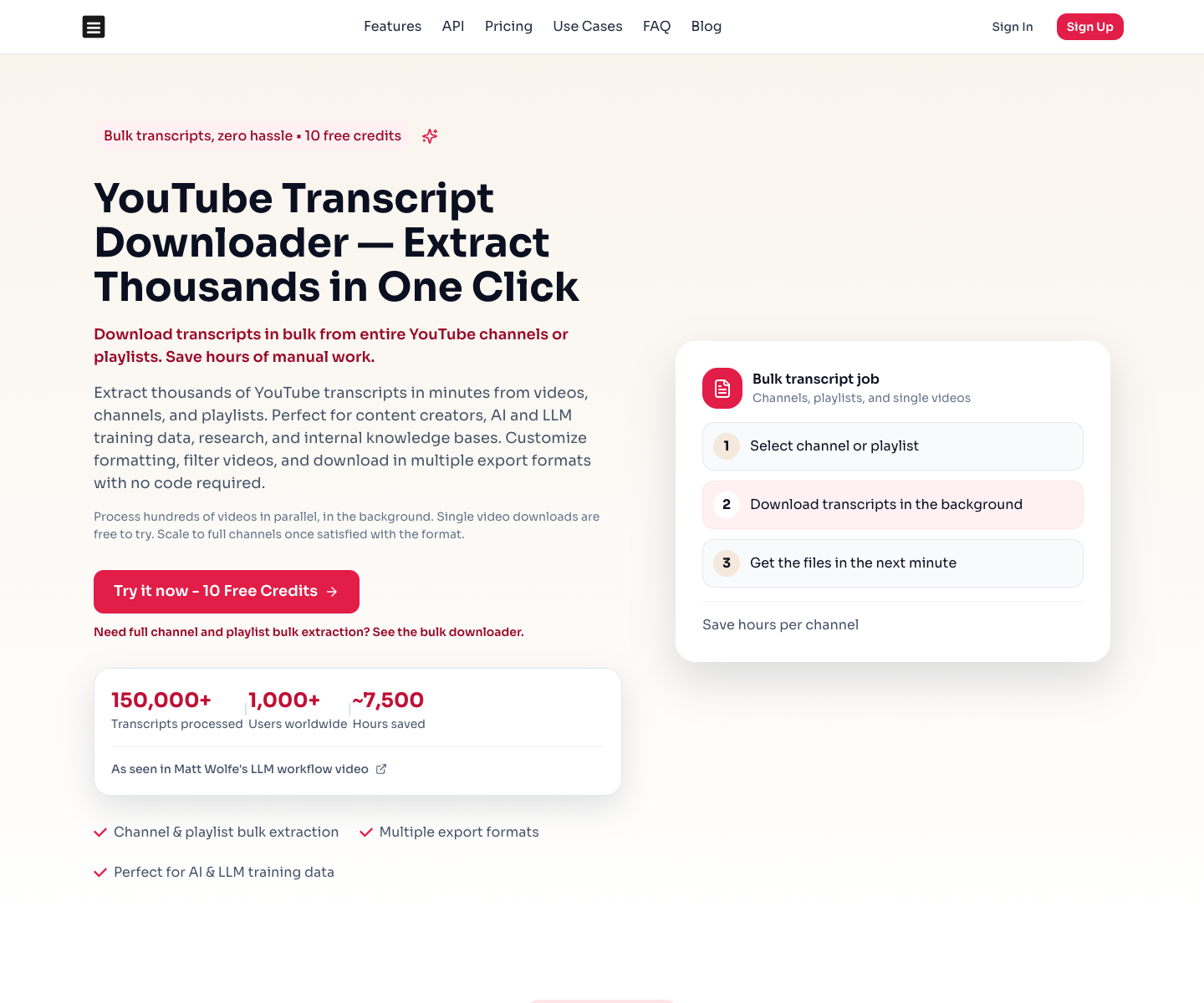 Download Youtube Transcripts landing page screenshot
