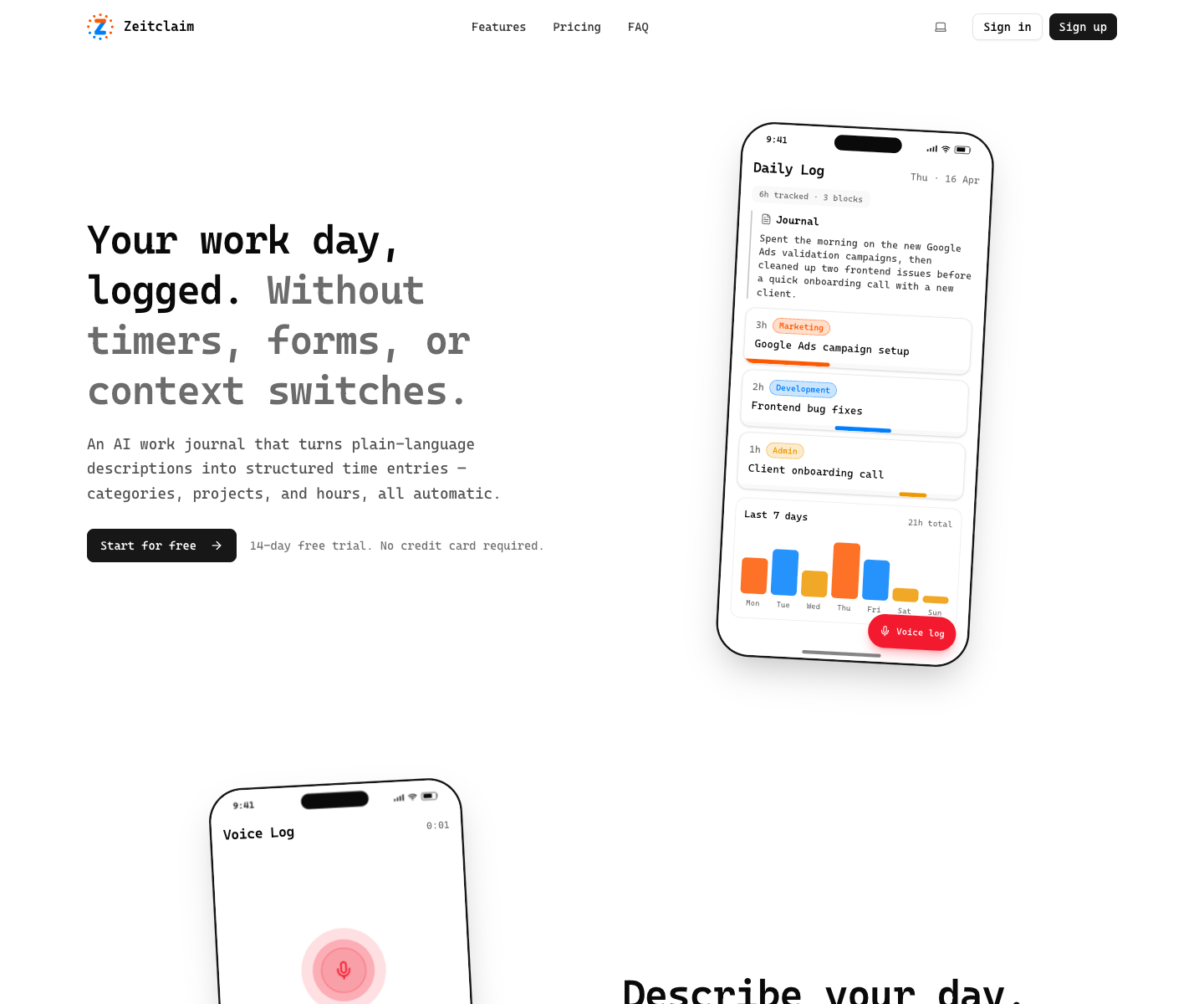 Zeitclaim landing page screenshot