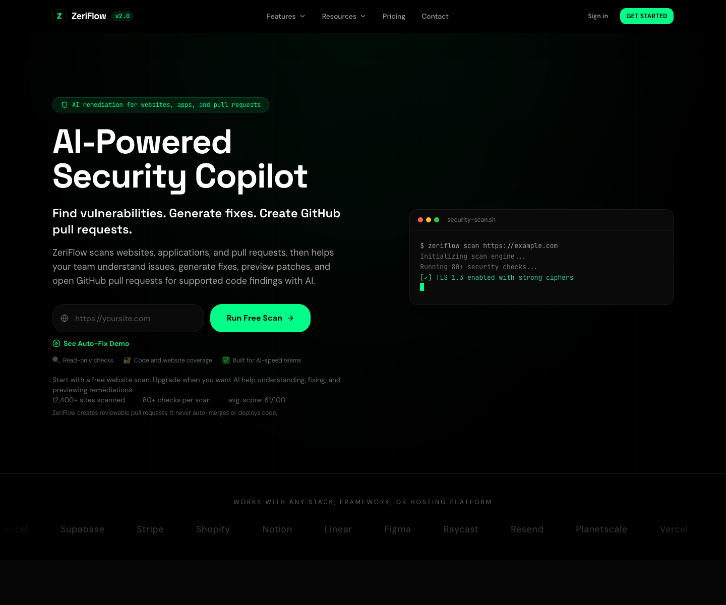 ZeriFlow landing page screenshot