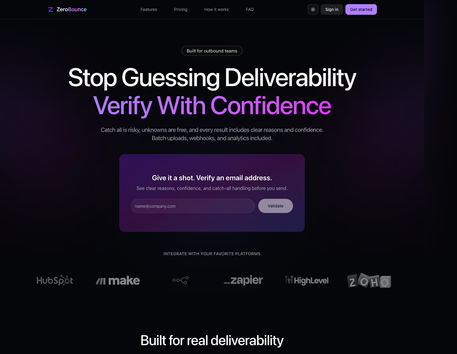 Zero Bounce landing page screenshot