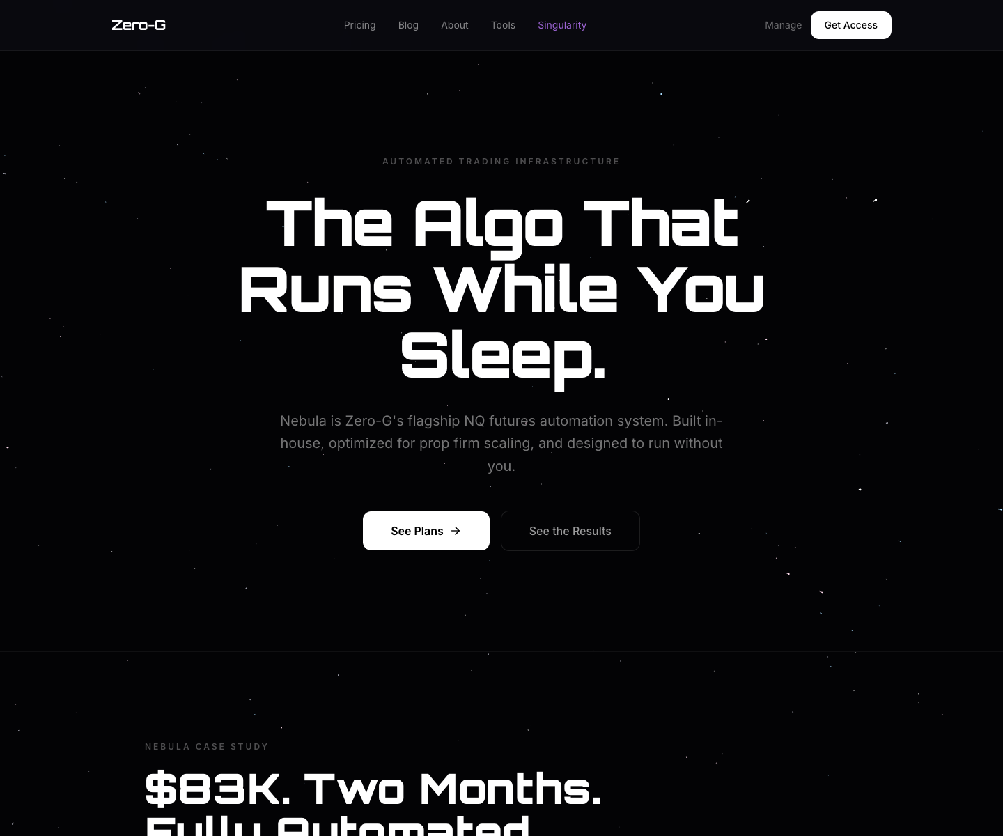 Zero G landing page screenshot