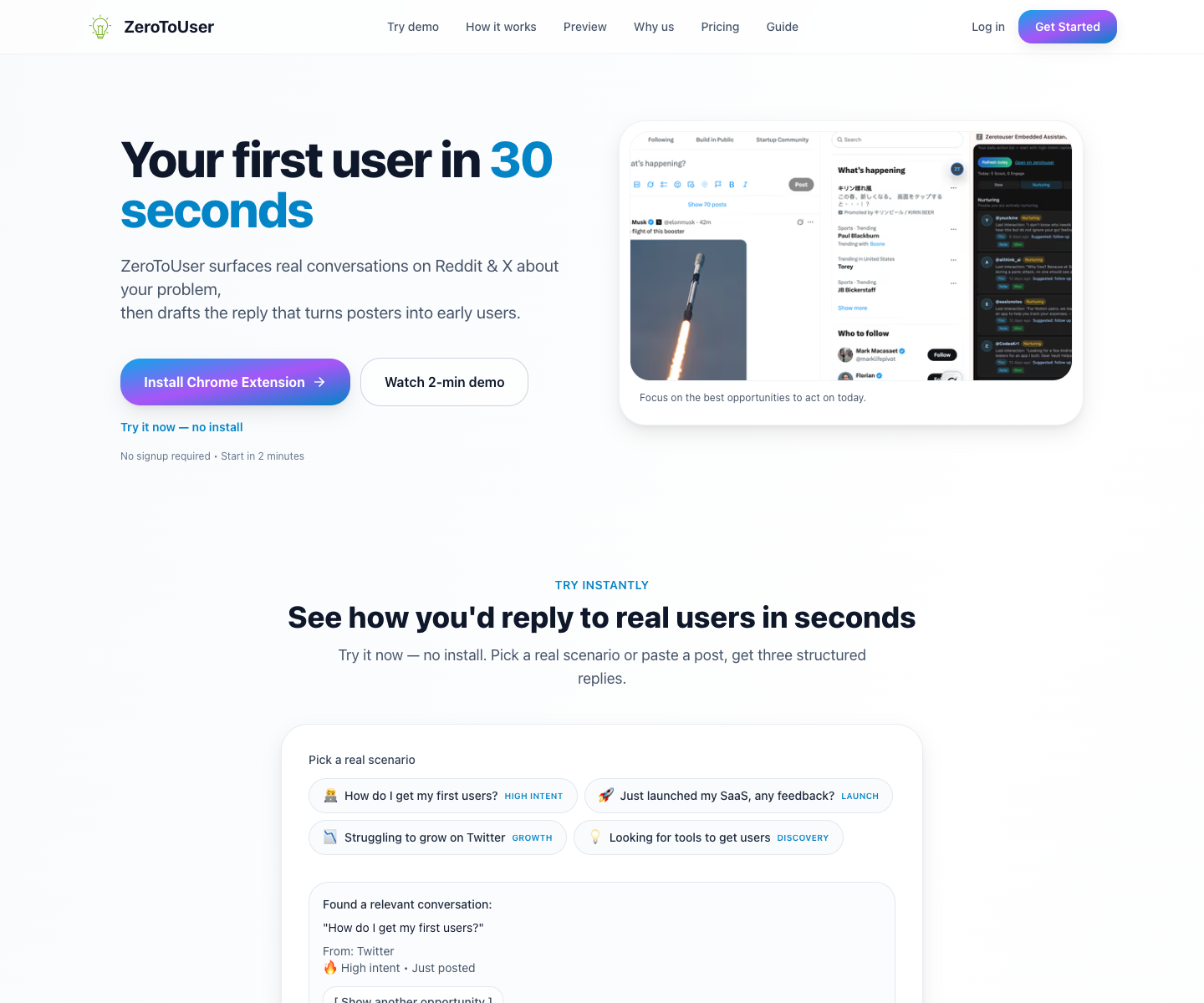 ZeroToUser landing page screenshot
