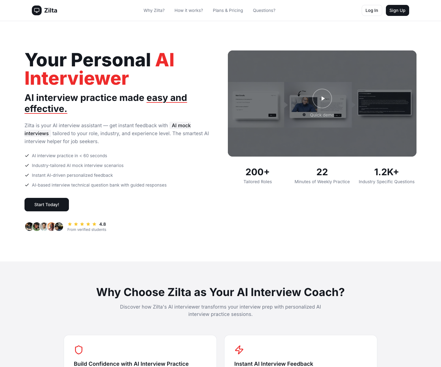 Zilta- Job Interview landing page screenshot