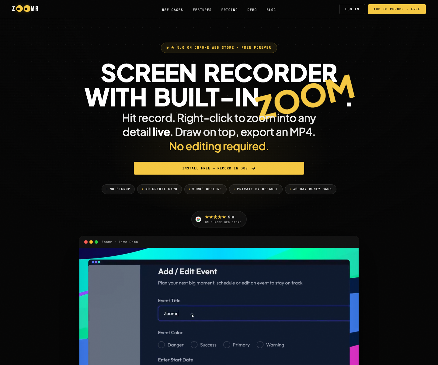 Zoomr landing page screenshot